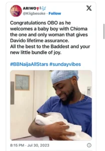 Singer Davido, whose real name is David Adeleke welcomes a baby boy with his wife, Chioma Avril Rowland.